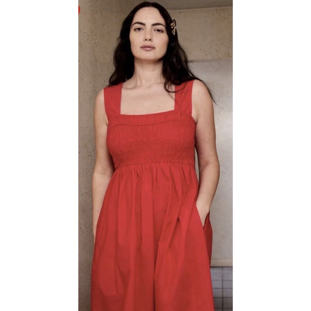 GANNI Smocked Sweetheart red smocked Dress Size 6
